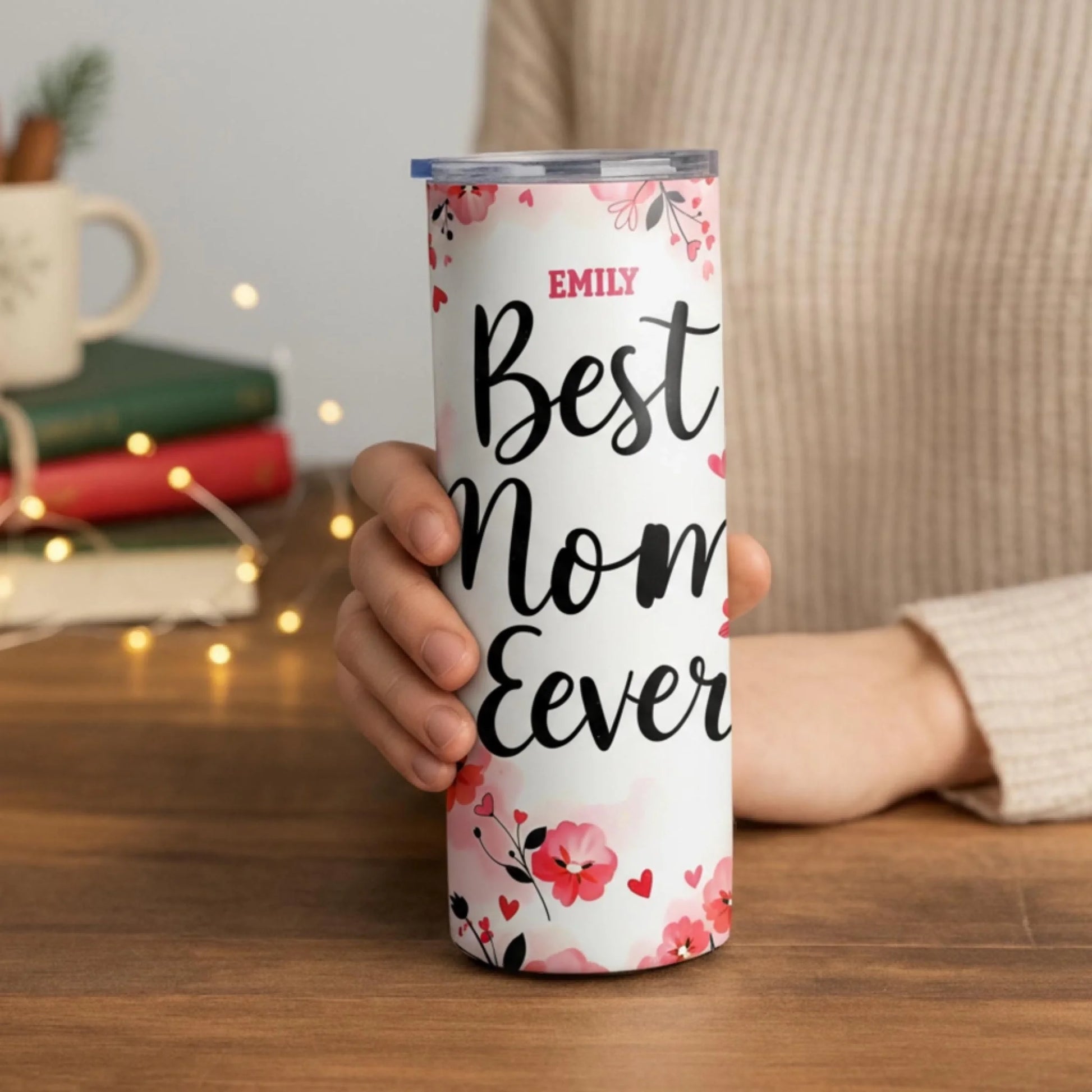 Personalized 20oz skinny tumbler – Personalized | lifestyle scene | custom name available, dishwasher safe, double-wall