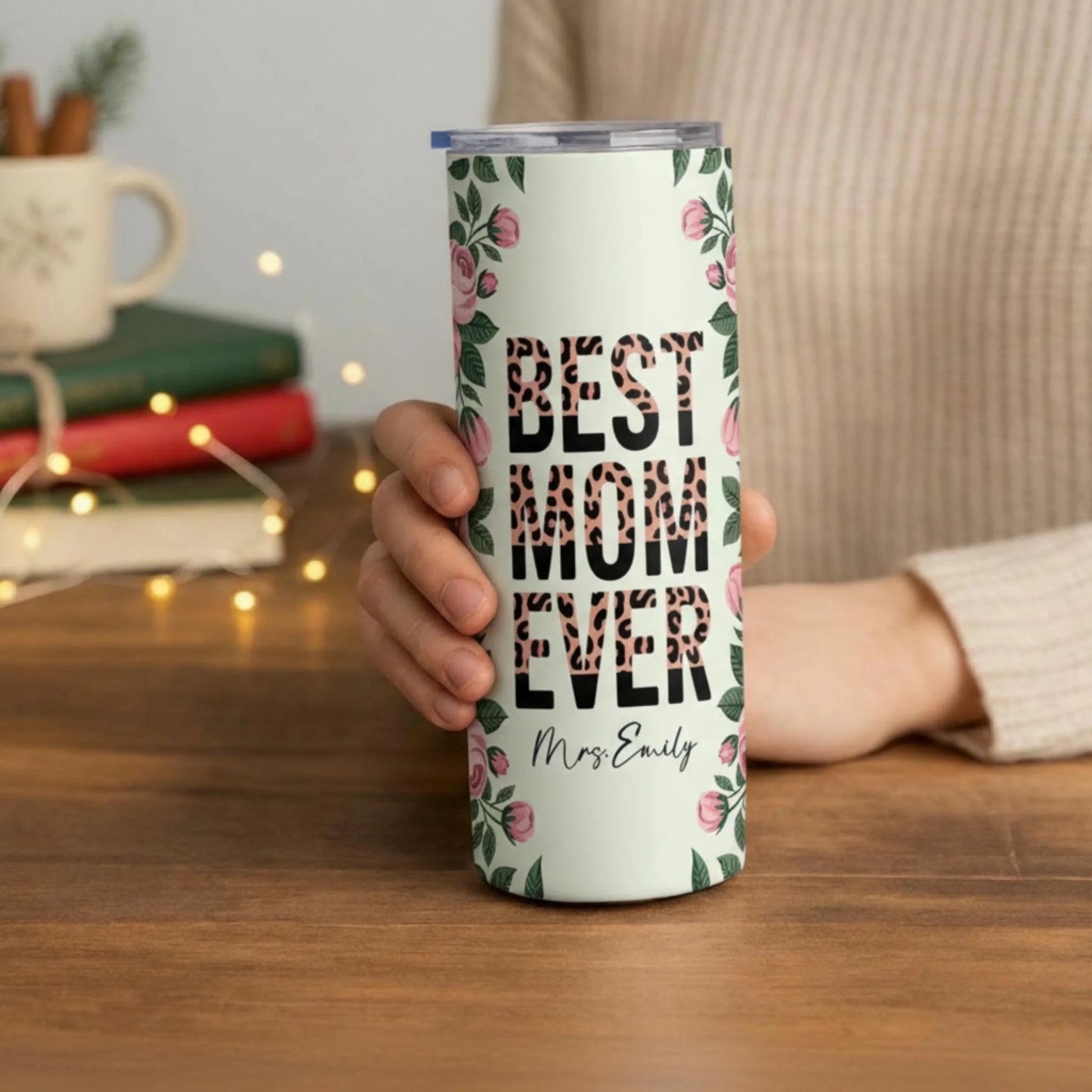 Personalized 20oz skinny tumbler – Personalized | lifestyle scene | custom name available, dishwasher safe, double-wall