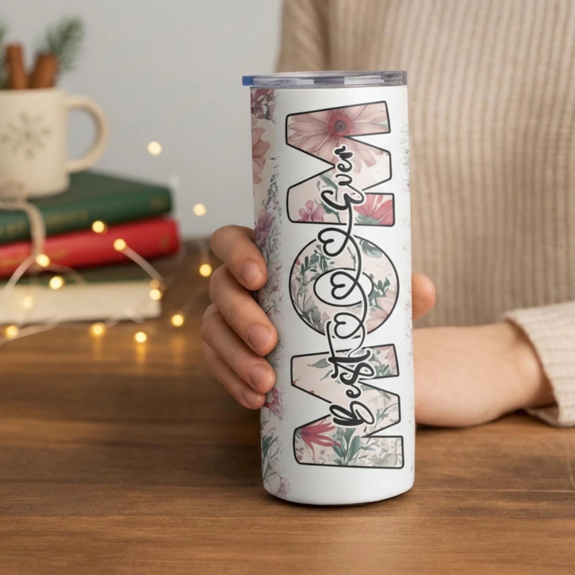 Personalized 20oz skinny tumbler – Personalized | lifestyle scene | custom name available, dishwasher safe, double-wall