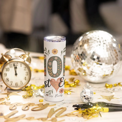 Personalized 20oz skinny tumbler – Personalized | lifestyle scene | custom name available, dishwasher safe, double-wall