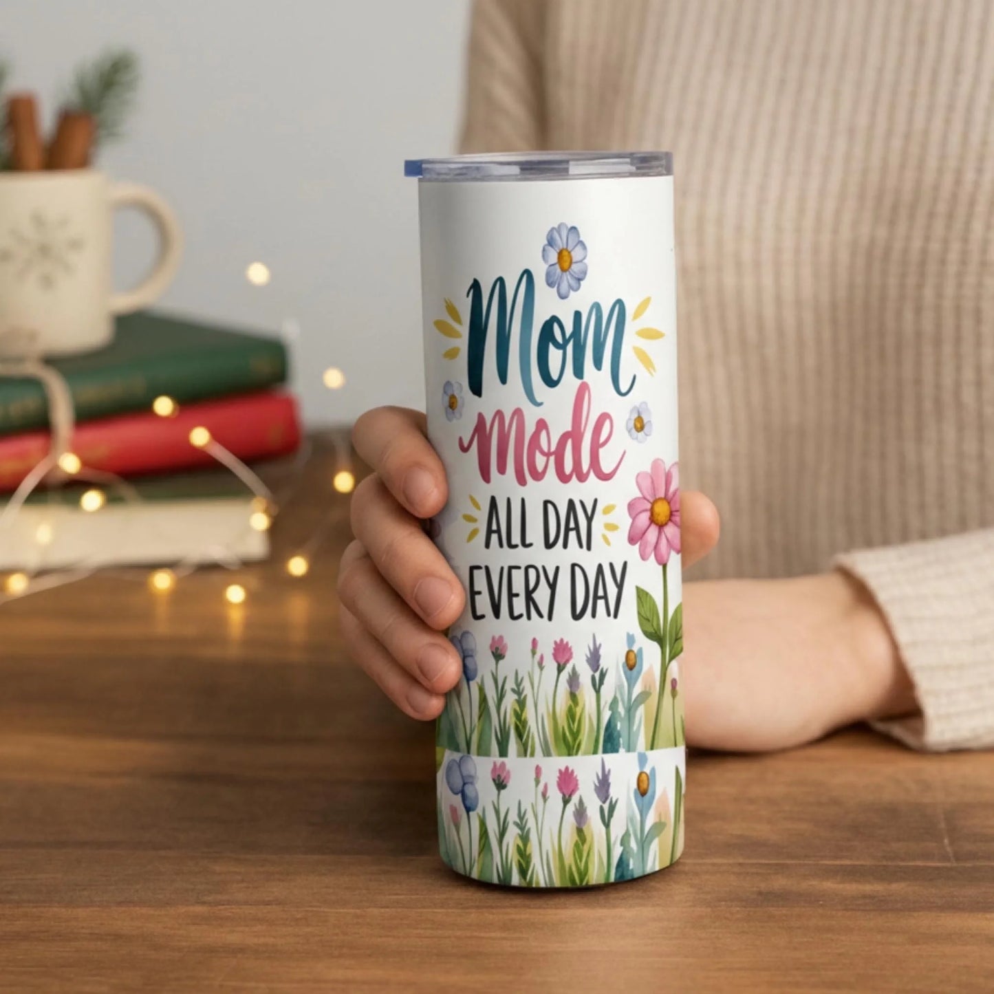 Personalized 20oz skinny tumbler – Personalized | lifestyle scene | custom name available, dishwasher safe, double-wall