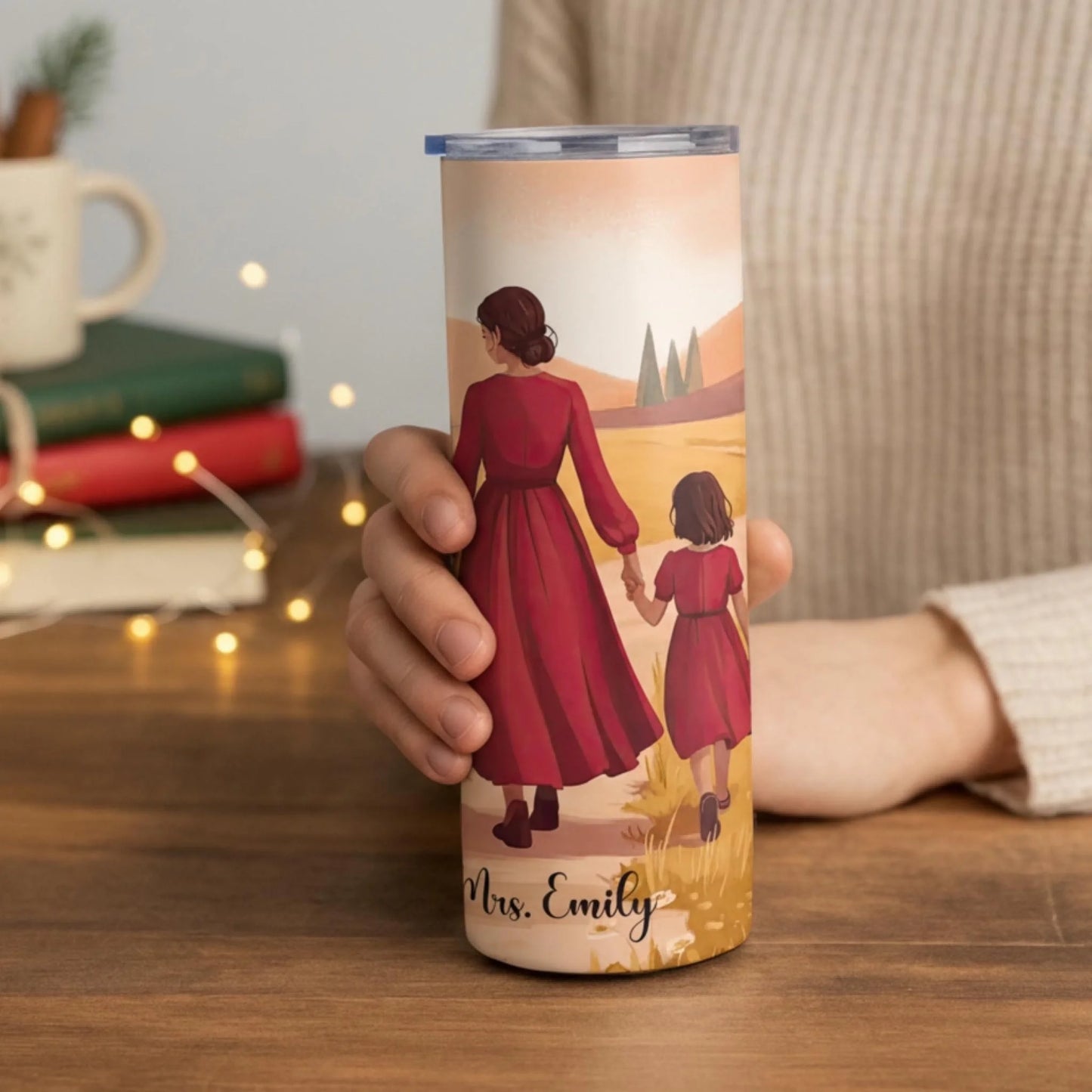 Personalized 20oz skinny tumbler – Personalized | lifestyle scene | custom name available, dishwasher safe, double-wall