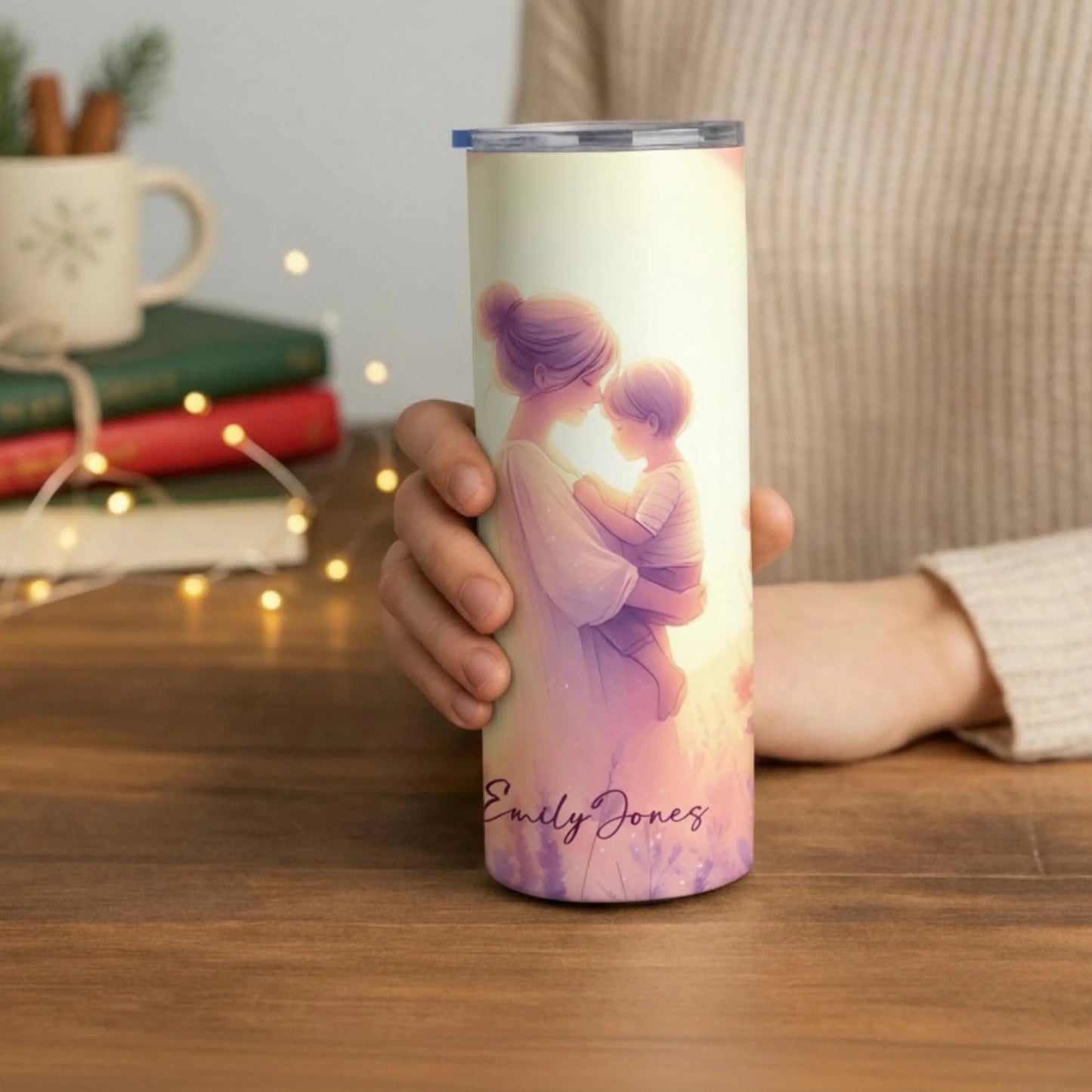 Personalized 20oz skinny tumbler – Personalized | lifestyle scene | custom name available, dishwasher safe, double-wall