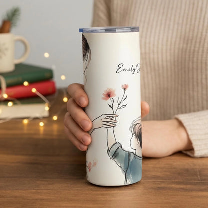 Personalized 20oz skinny tumbler – Personalized | lifestyle scene | custom name available, dishwasher safe, double-wall