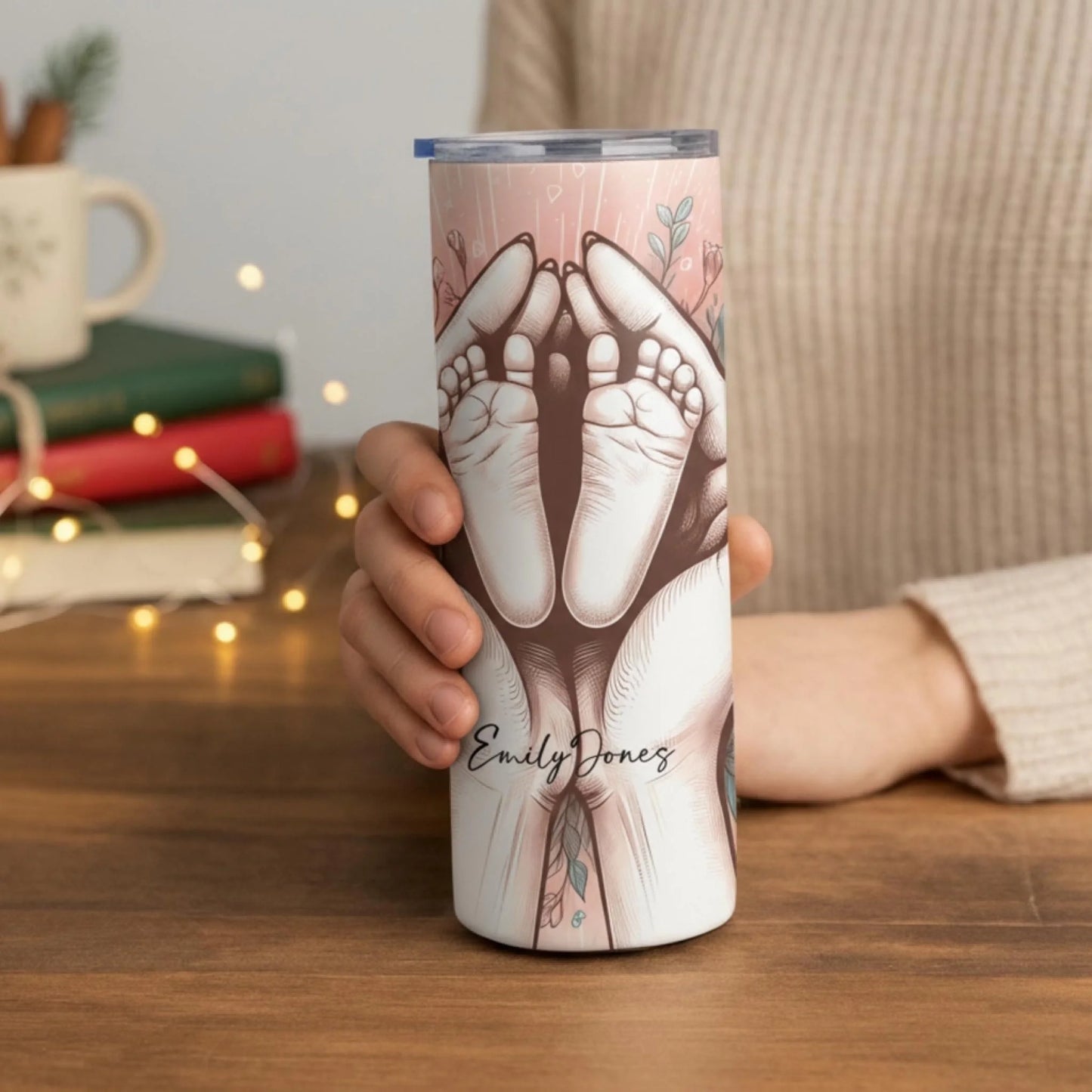 Personalized 20oz skinny tumbler – Personalized | lifestyle scene | custom name available, dishwasher safe, double-wall