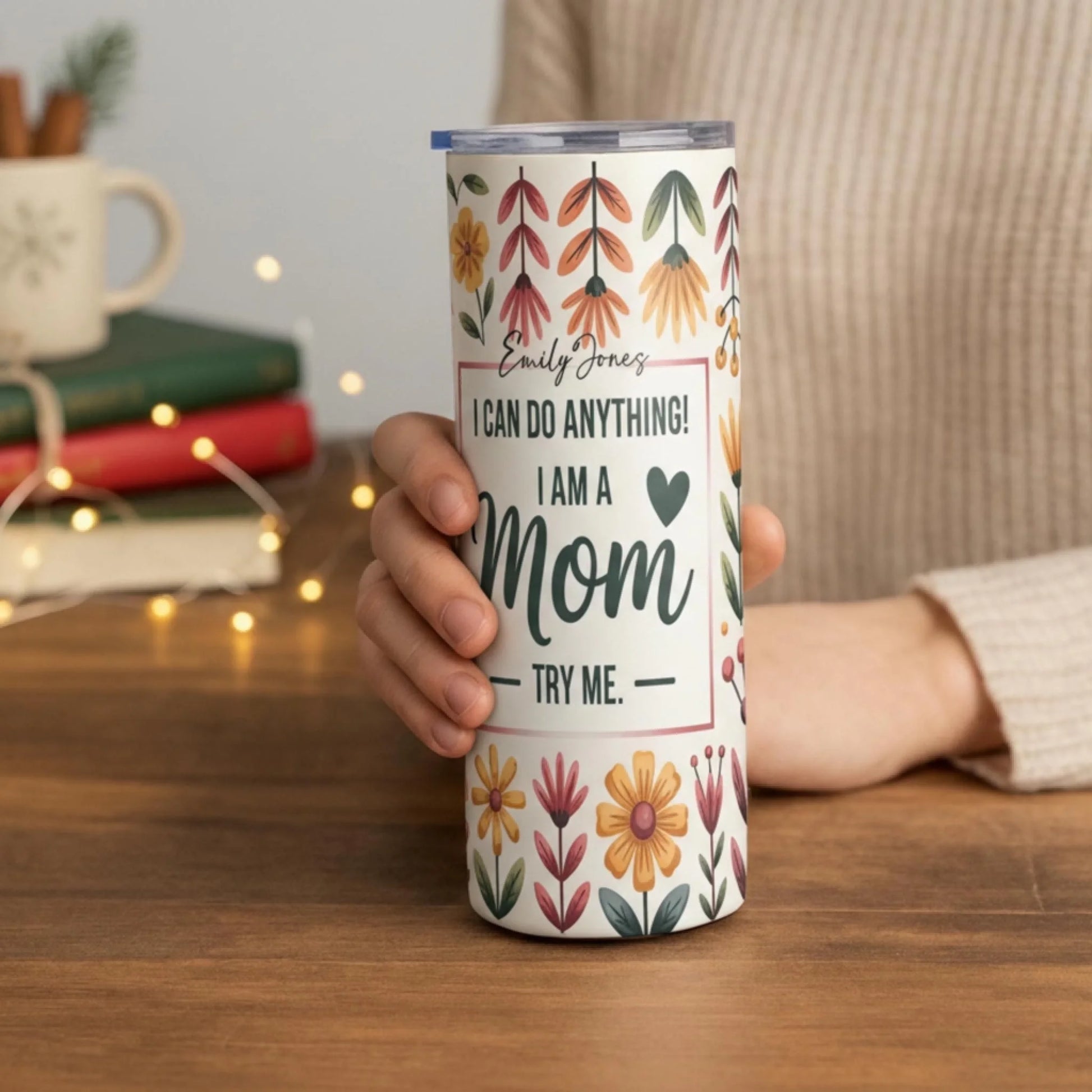 Personalized 20oz skinny tumbler – Personalized | lifestyle scene | custom name available, dishwasher safe, double-wall