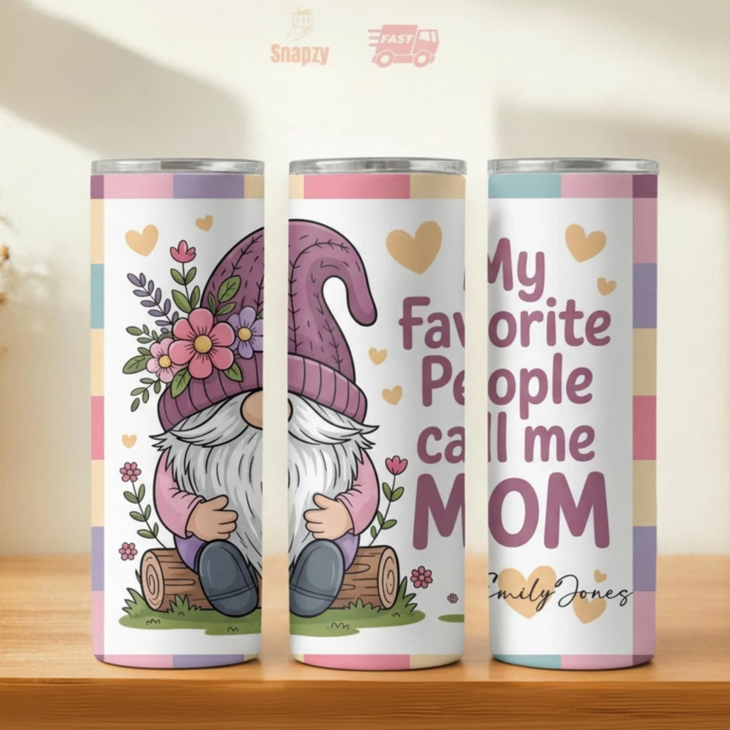 Personalized 20oz skinny tumbler – Christmas gnome | hero view | custom name available, dishwasher safe, double-wall sta