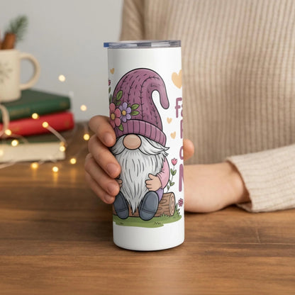 Personalized 20oz skinny tumbler – Christmas gnome | lifestyle scene | custom name available, dishwasher safe, double-wa