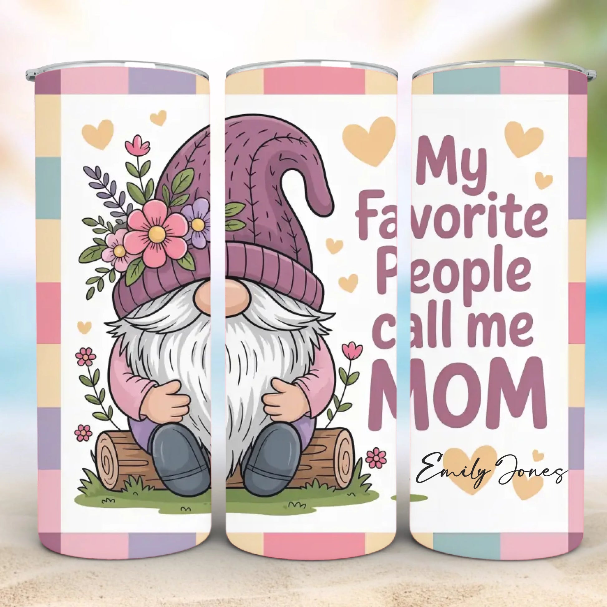 Personalized 20oz skinny tumbler – Christmas gnome | detail view | custom name available, dishwasher safe, double-wall s
