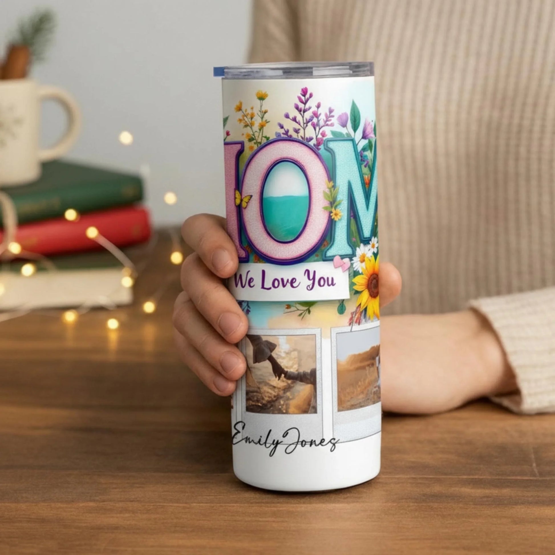 Personalized 20oz skinny tumbler – Personalized | lifestyle scene | custom name available, dishwasher safe, double-wall