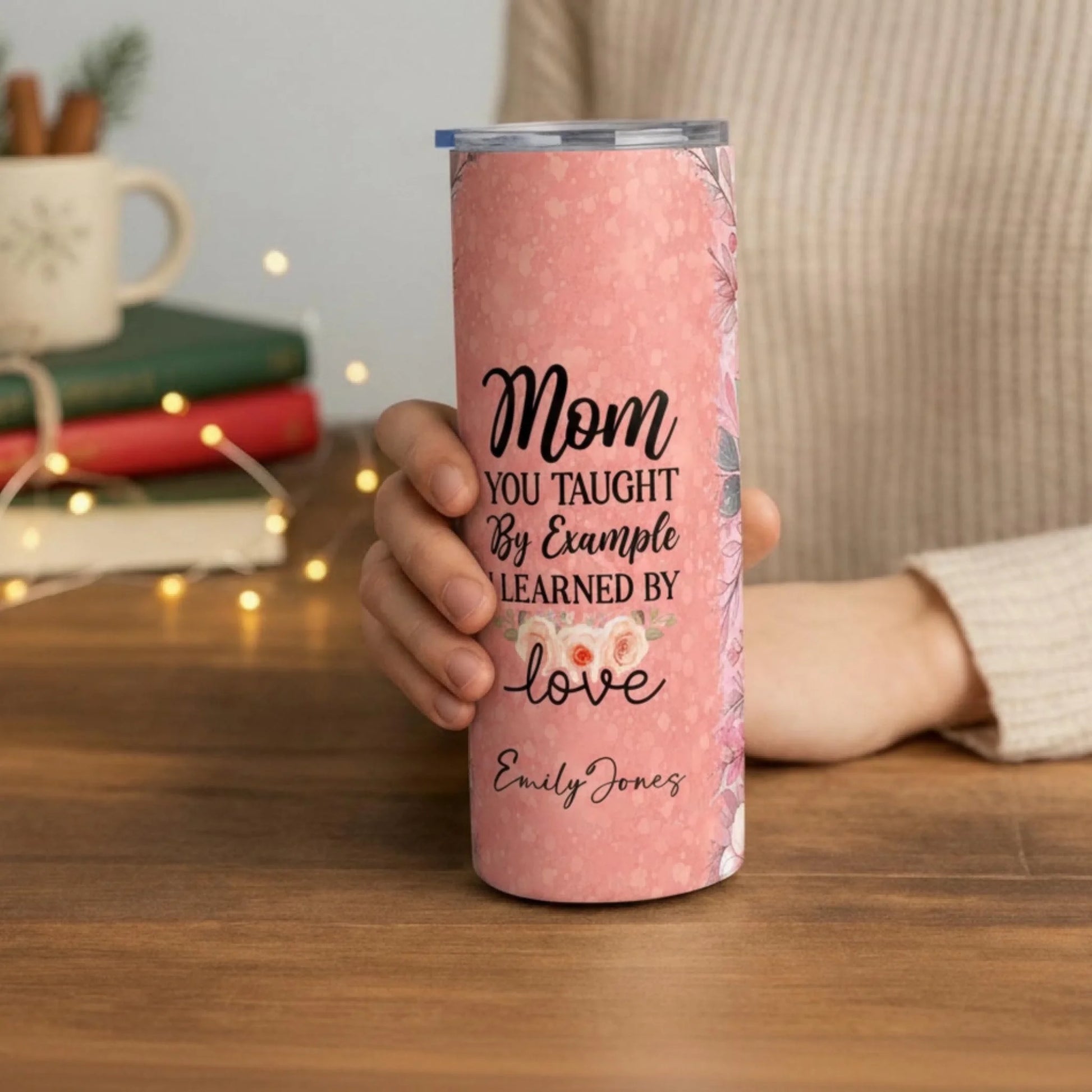 Personalized 20oz skinny tumbler – Personalized | lifestyle scene | custom name available, dishwasher safe, double-wall