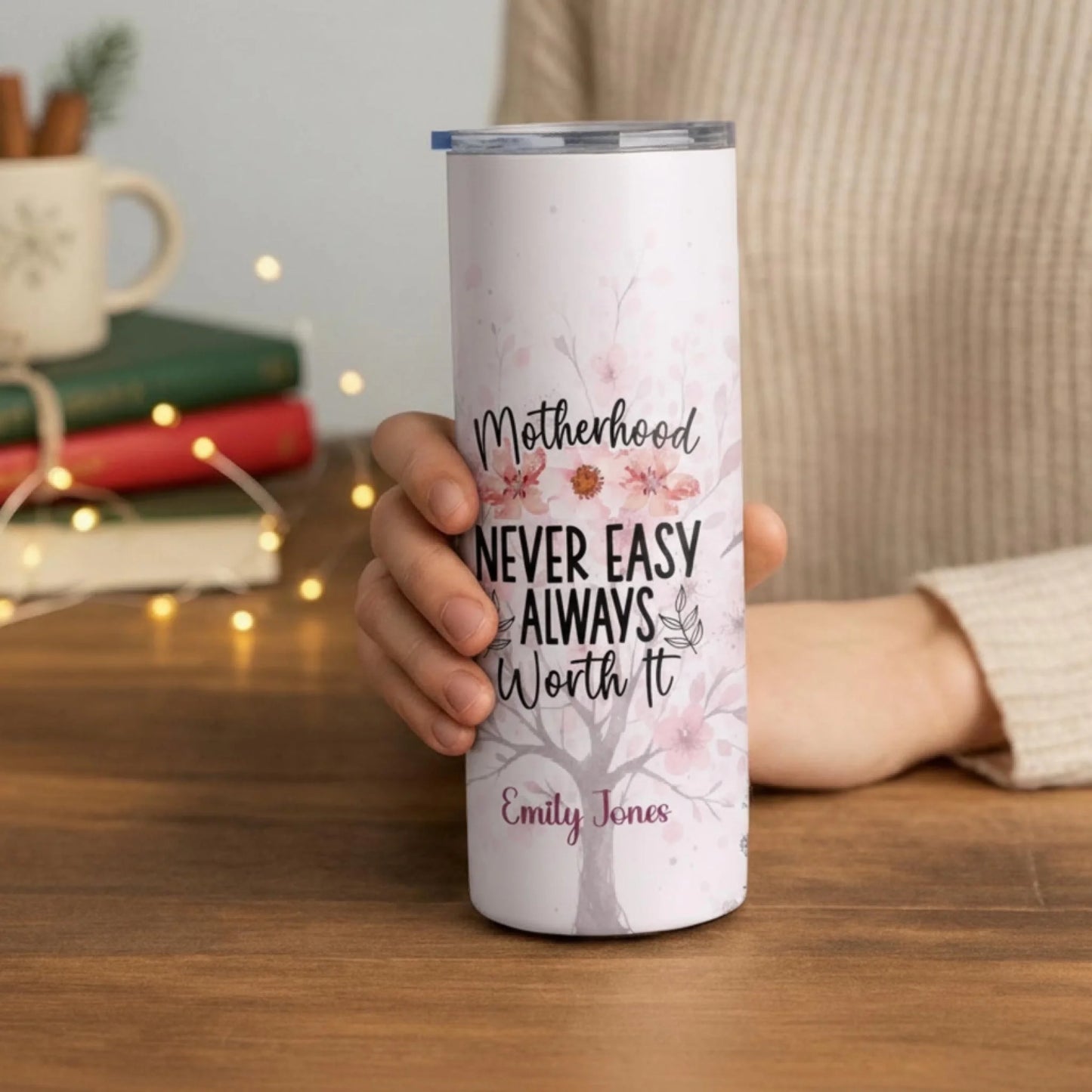 Personalized 20oz skinny tumbler – Personalized | lifestyle scene | custom name available, dishwasher safe, double-wall