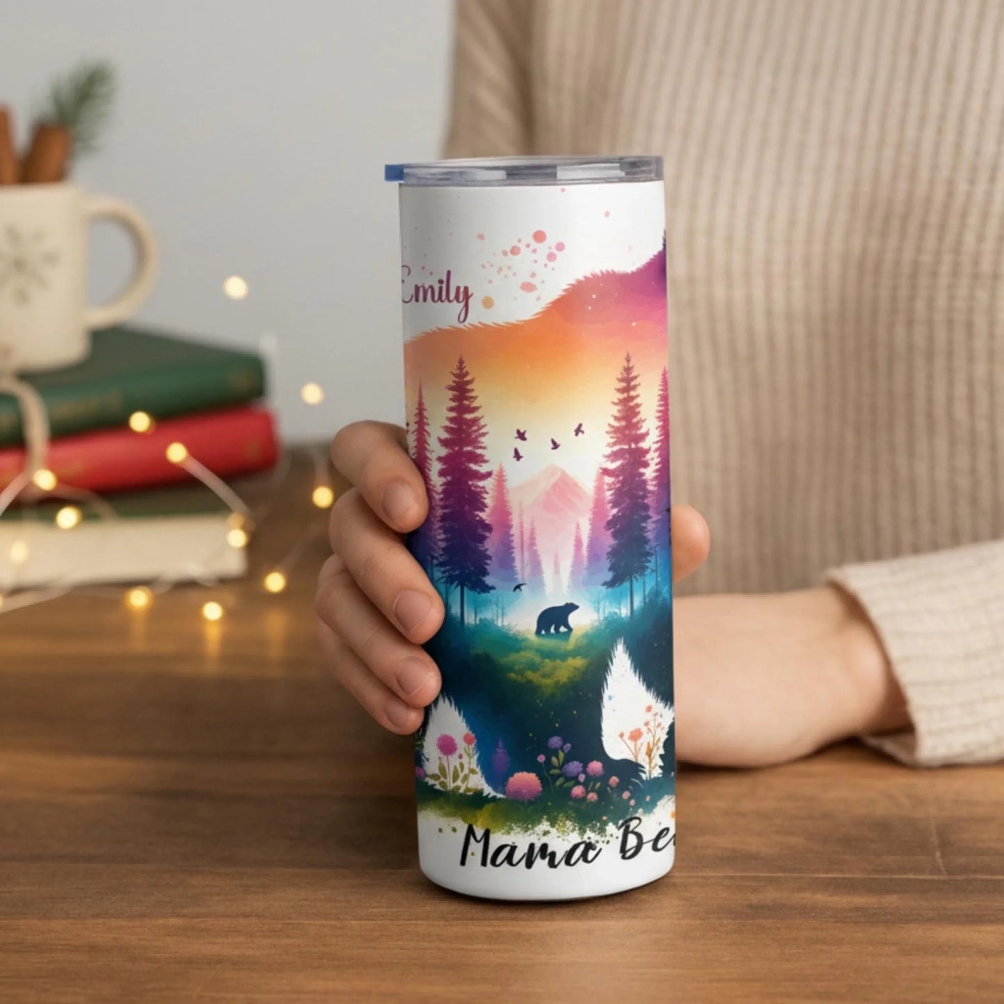 Personalized 20oz skinny tumbler – Personalized | lifestyle scene | custom name available, dishwasher safe, double-wall