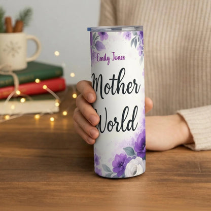 Personalized 20oz skinny tumbler – Personalized | lifestyle scene | custom name available, dishwasher safe, double-wall