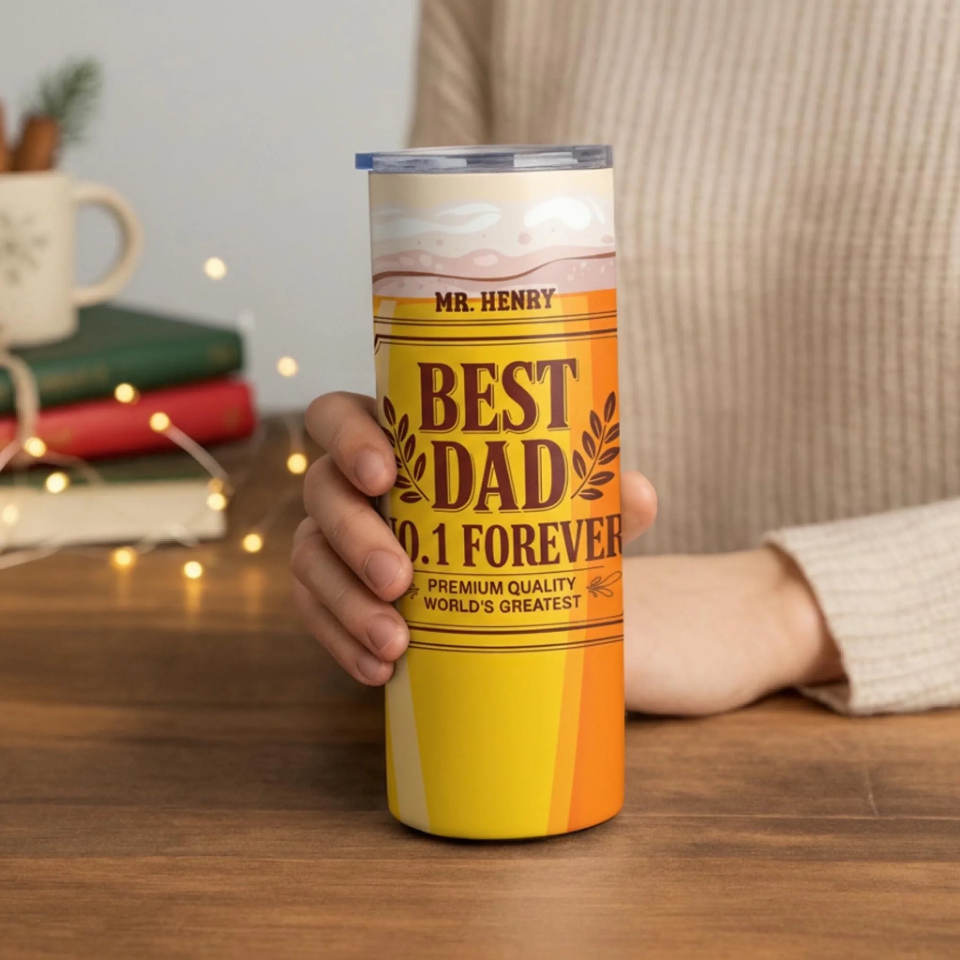 Personalized 20oz skinny tumbler – Personalized | lifestyle scene | custom name available, dishwasher safe, double-wall