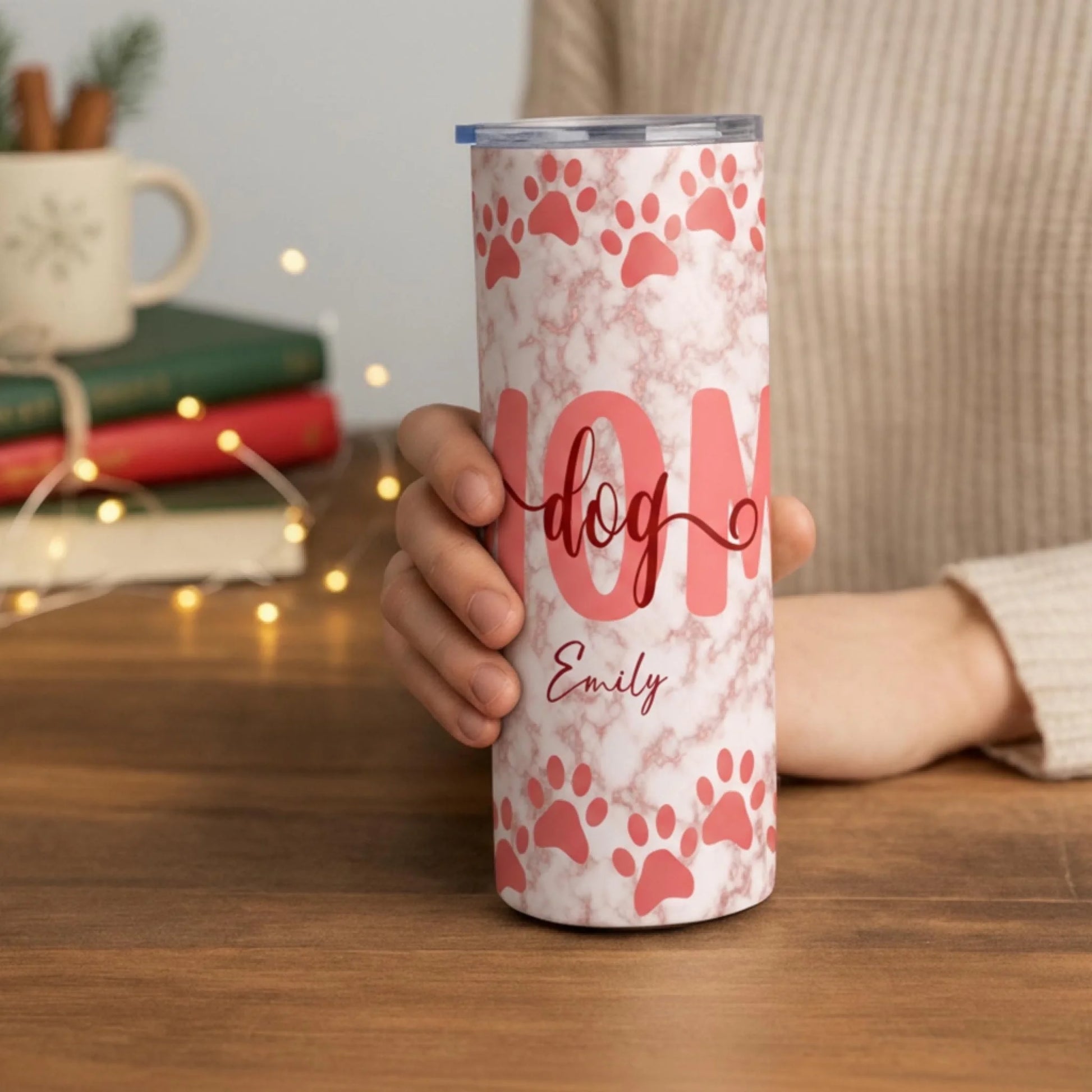 Personalized 20oz skinny tumbler – Personalized | lifestyle scene | custom name available, dishwasher safe, double-wall