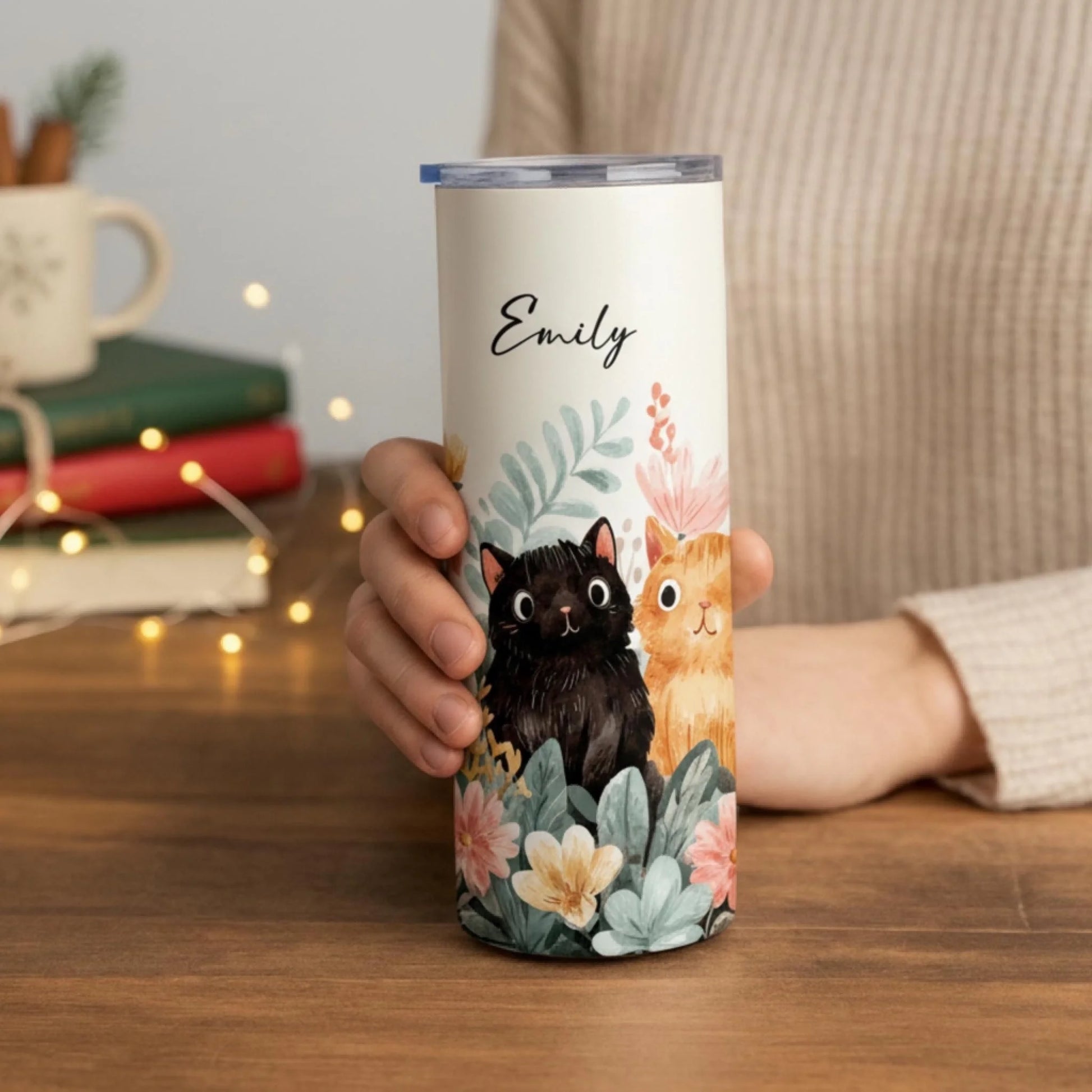 Personalized 20oz skinny tumbler – Personalized | lifestyle scene | custom name available, dishwasher safe, double-wall