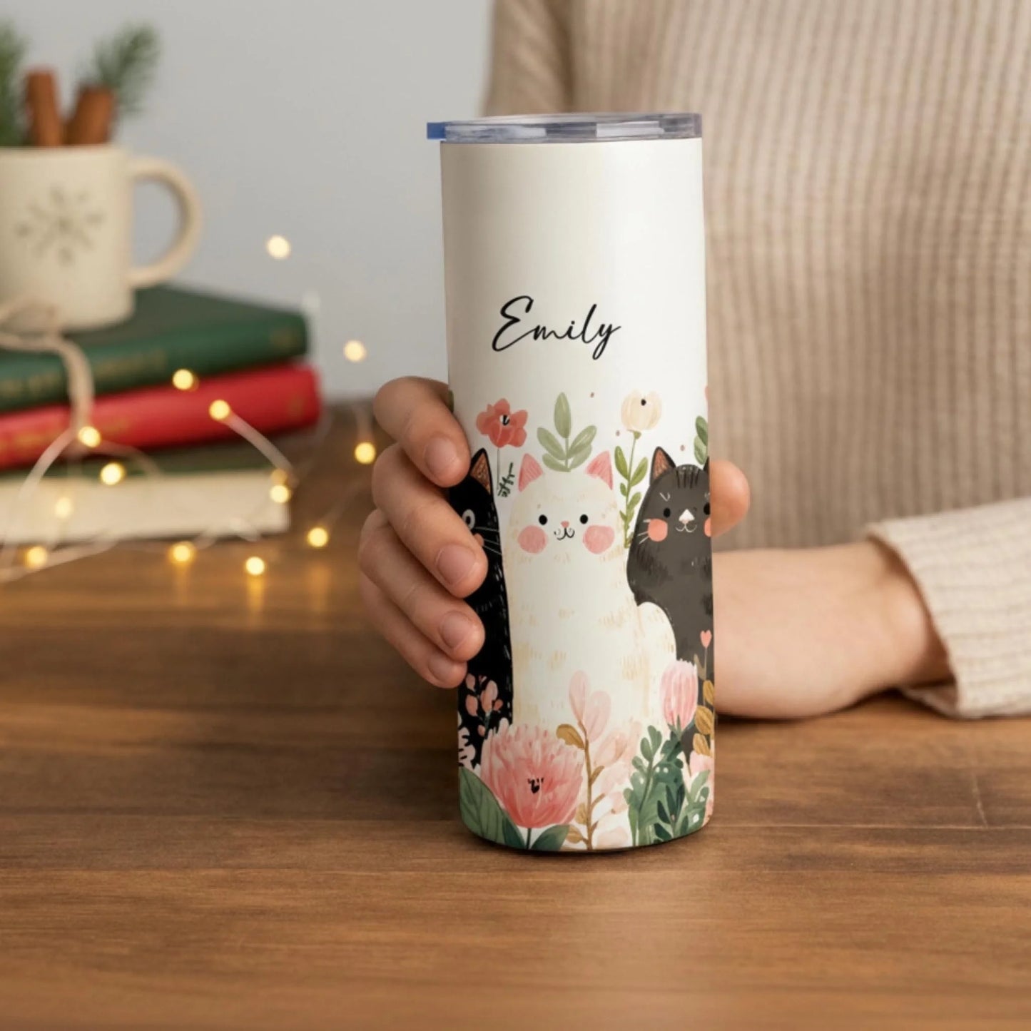 Personalized 20oz skinny tumbler – Personalized | lifestyle scene | custom name available, dishwasher safe, double-wall
