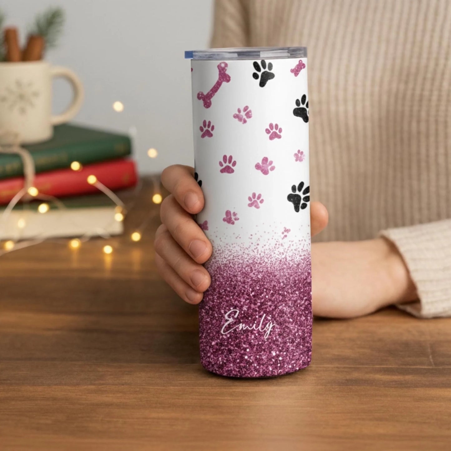Personalized 20oz skinny tumbler – Personalized | lifestyle scene | custom name available, dishwasher safe, double-wall
