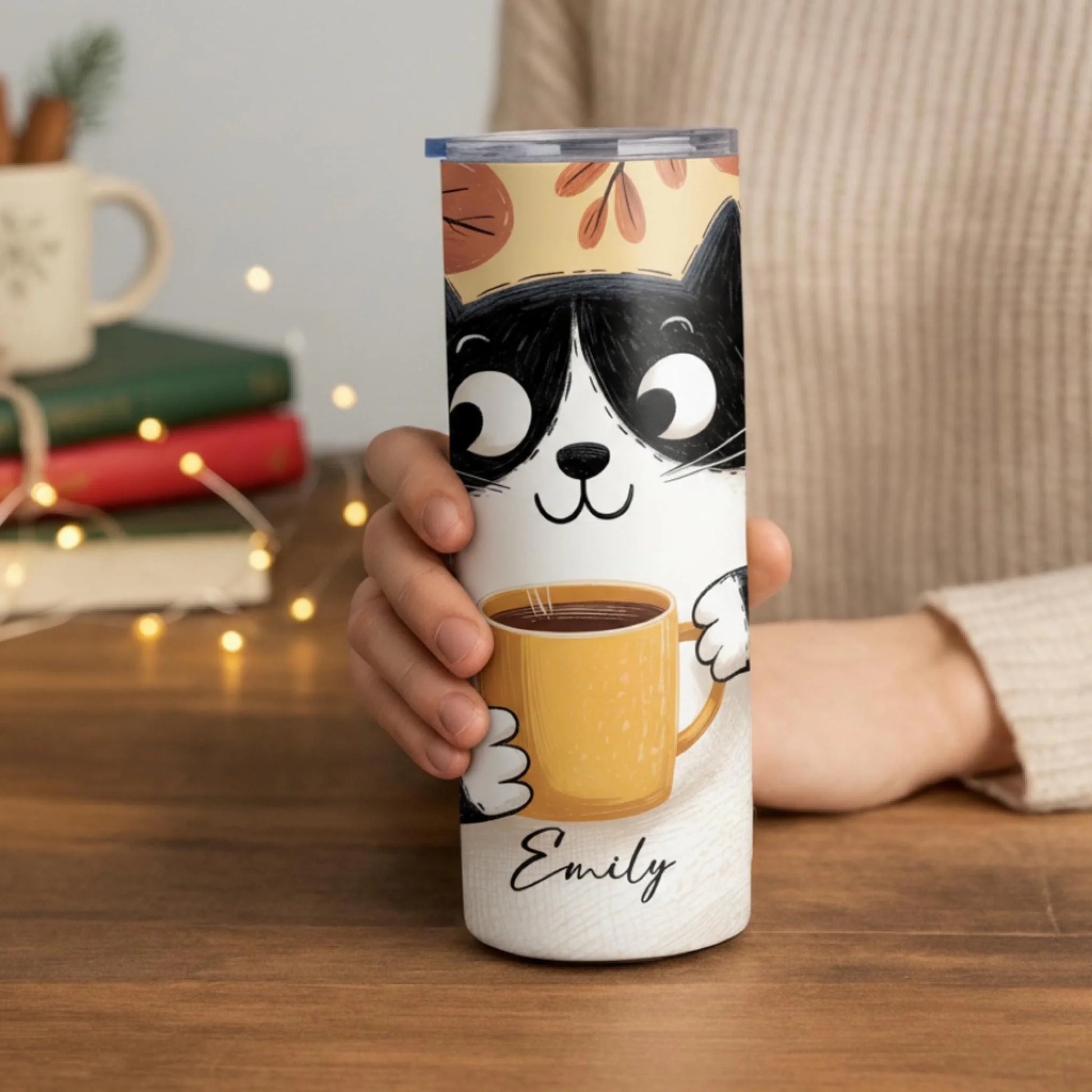 Personalized 20oz skinny tumbler – Personalized | lifestyle scene | custom name available, dishwasher safe, double-wall