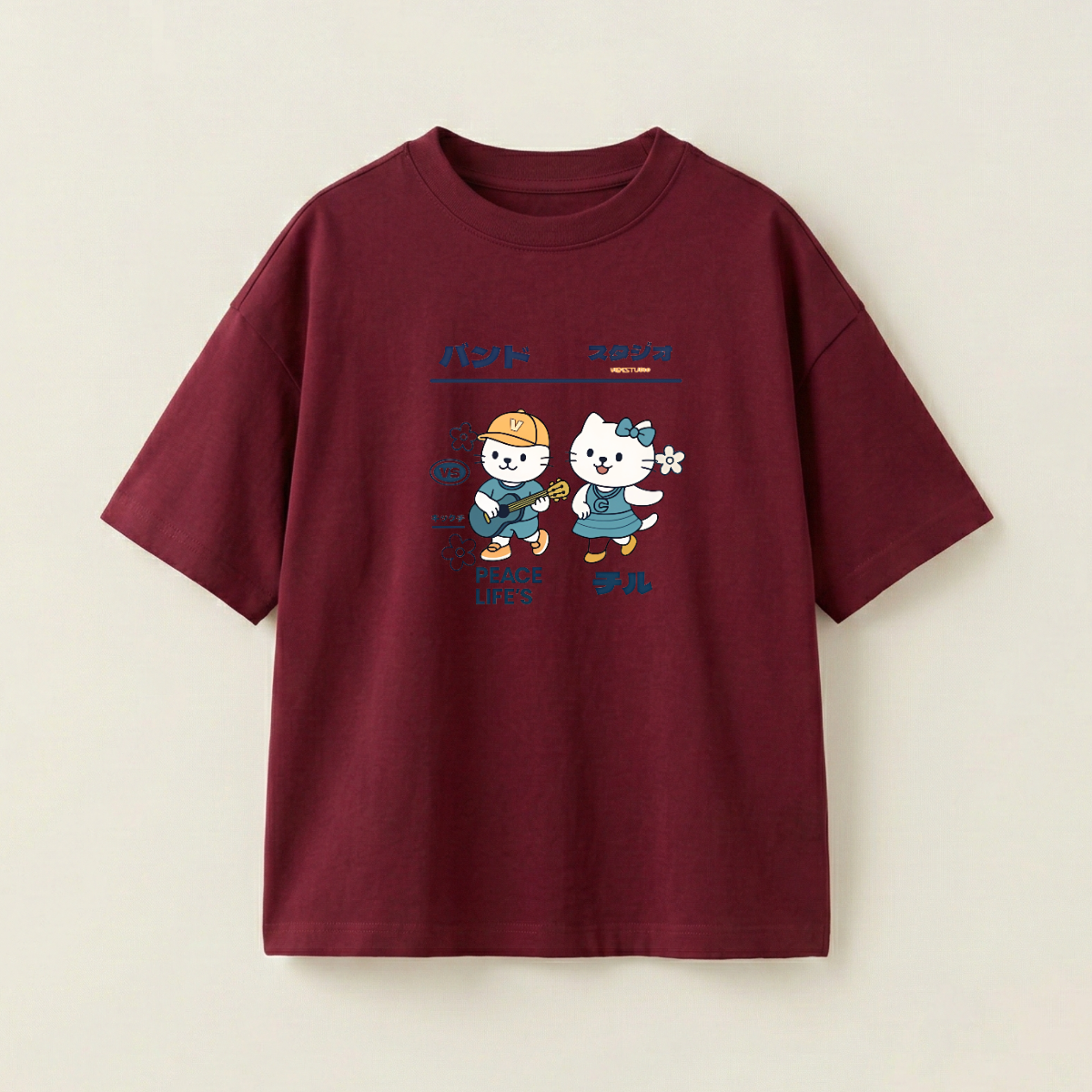 Cute Duo Oversized Heavyweight Tee - Burgundy - XL