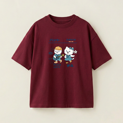 Cute Duo Oversized Heavyweight Tee - Burgundy - L
