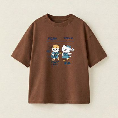 Cute Duo Oversized Heavyweight Tee - Brown - S