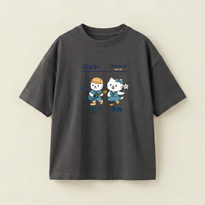 Cute Duo Oversized Heavyweight Tee - Charcoal Grey - XL
