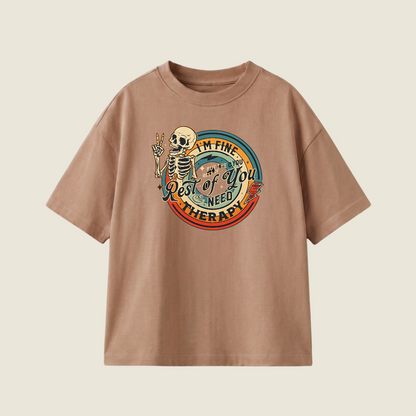 I'm Fine But The Rest Of You Need Therapy Oversized Heavyweight Tee - Cocoa - XXL