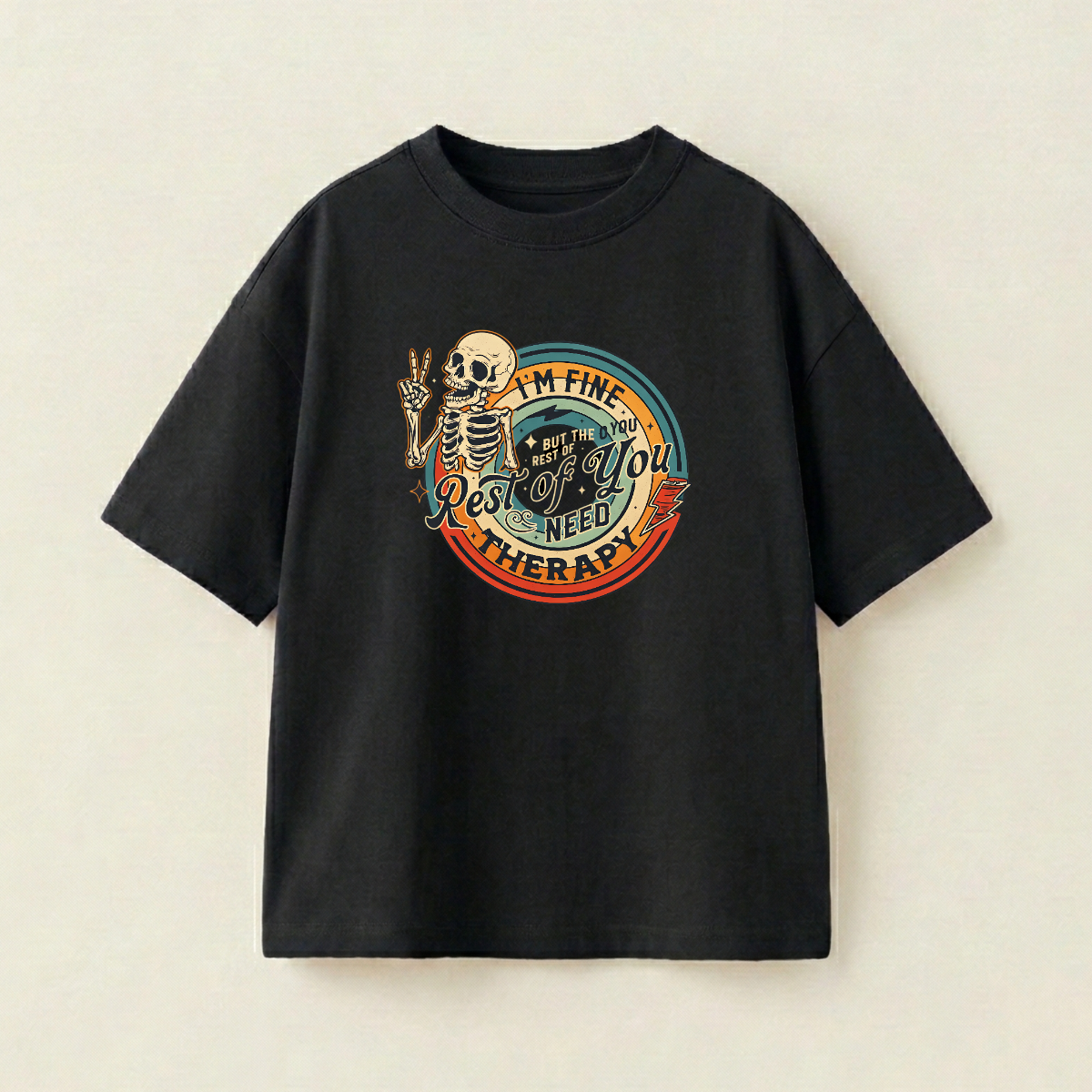 I'm Fine But The Rest Of You Need Therapy Oversized Heavyweight Tee - Black - L
