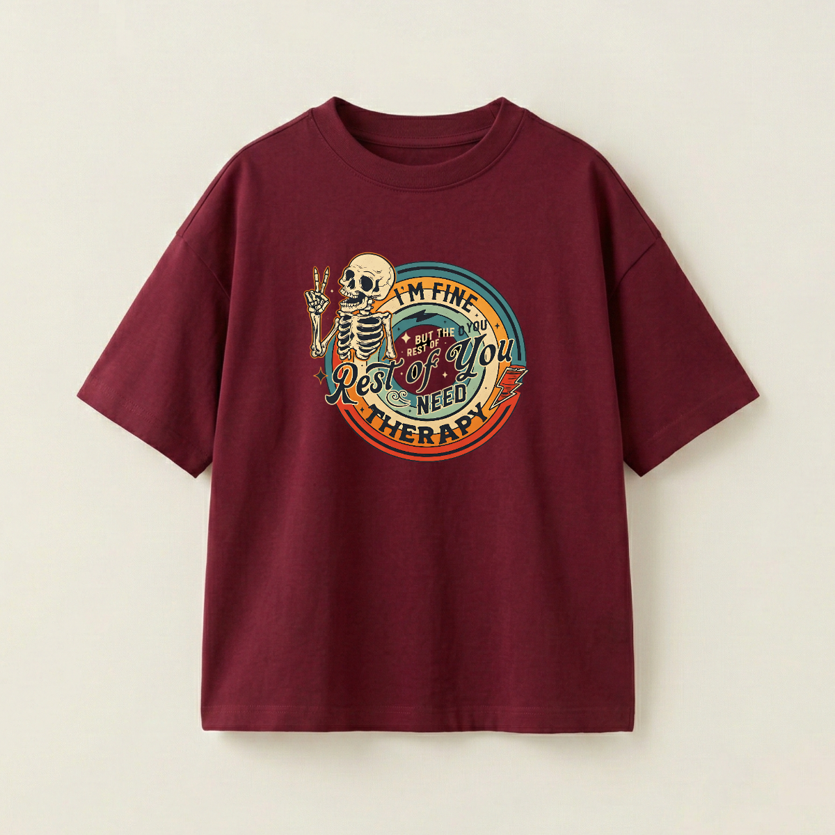 I'm Fine But The Rest Of You Need Therapy Oversized Heavyweight Tee - Burgundy - L