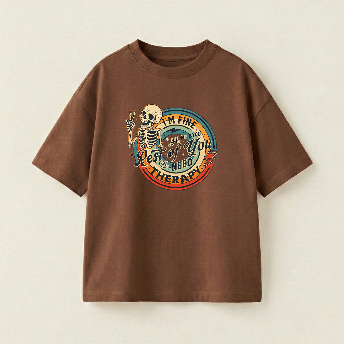 I'm Fine But The Rest Of You Need Therapy Oversized Heavyweight Tee - Brown - XXL