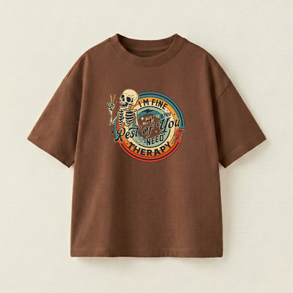 I'm Fine But The Rest Of You Need Therapy Oversized Heavyweight Tee - Brown - L