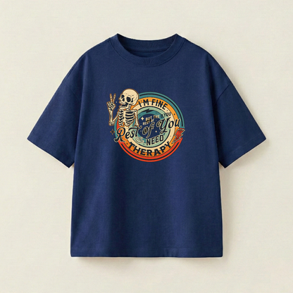 I'm Fine But The Rest Of You Need Therapy Oversized Heavyweight Tee - Navy - L