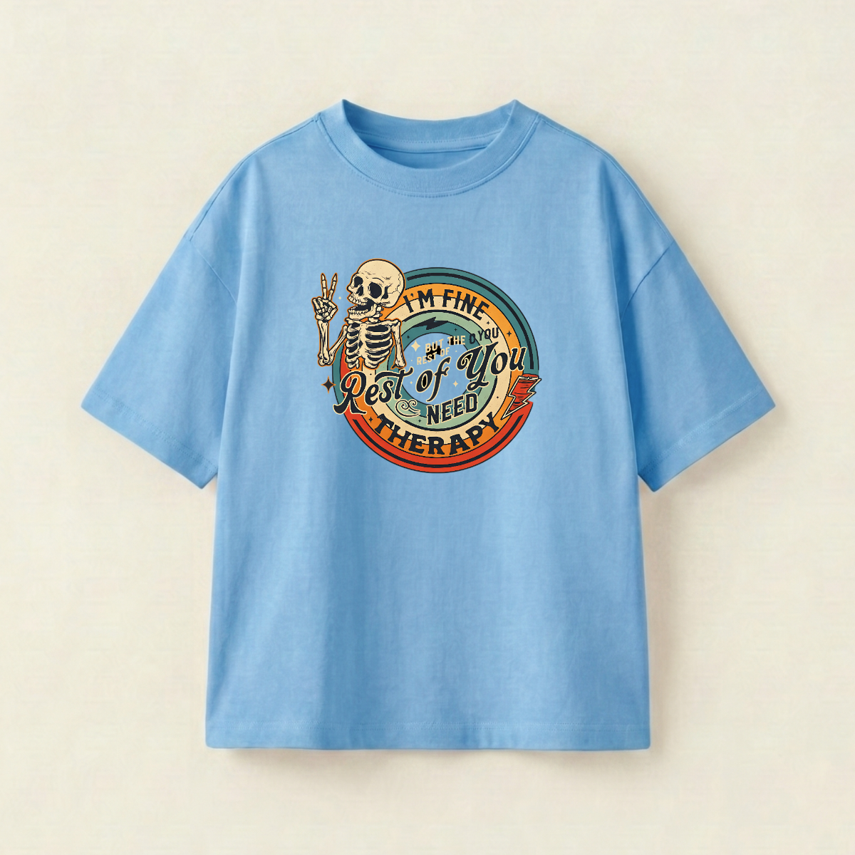 I'm Fine But The Rest Of You Need Therapy Oversized Heavyweight Tee - Sky Blue - S