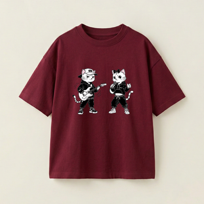 Yellow Cat And White Cat Oversized Heavyweight Tee - Burgundy - S