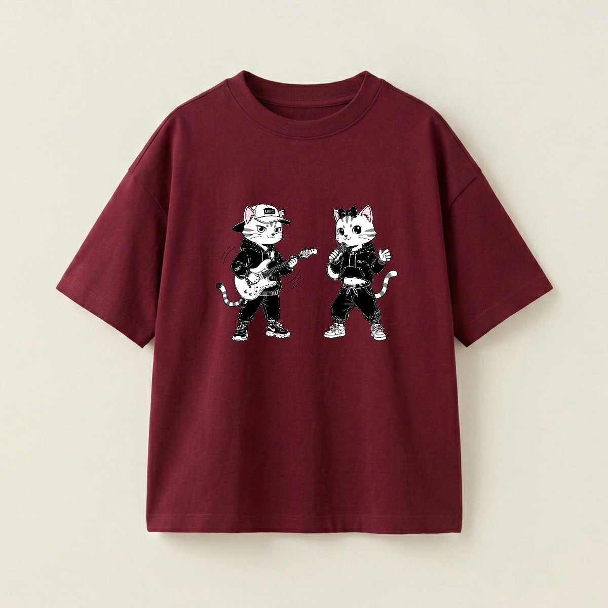 Yellow Cat And White Cat Oversized Heavyweight Tee - Burgundy - L