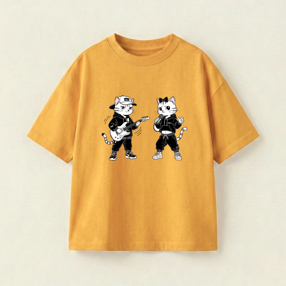 Yellow Cat And White Cat Oversized Heavyweight Tee - Mustard Yellow - XL