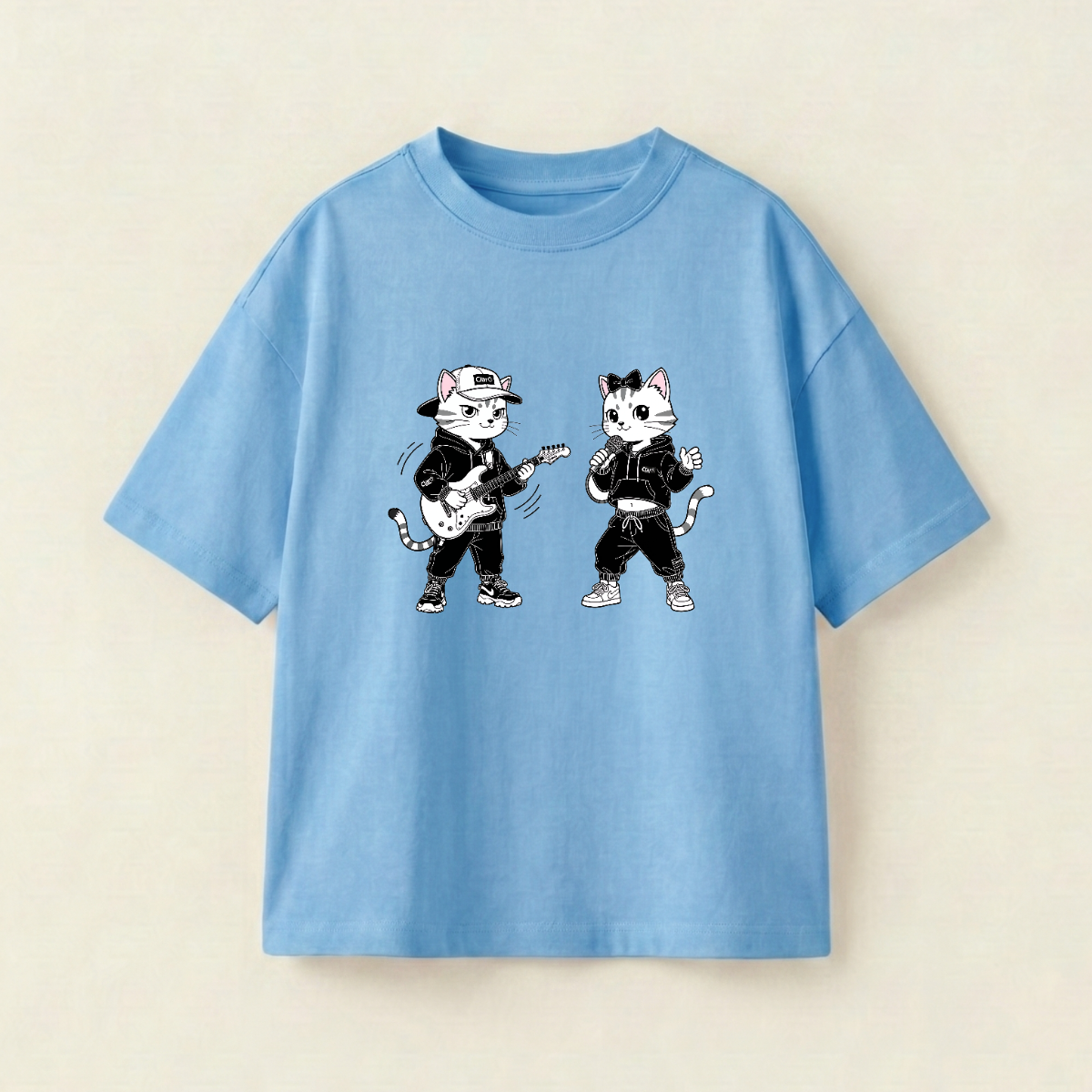 Yellow Cat And White Cat Oversized Heavyweight Tee - Sky Blue - XL